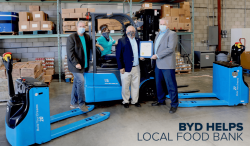 BYD DONATES ELECTRIC FORKLIFT AND PALLET JACKS TO AV’S DREAM CENTER FOOD BANK